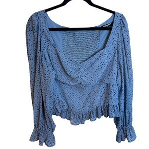 Fashion Union Baby Blue and Black Dot Square Neck Smocked Puff Sleeve Blouse